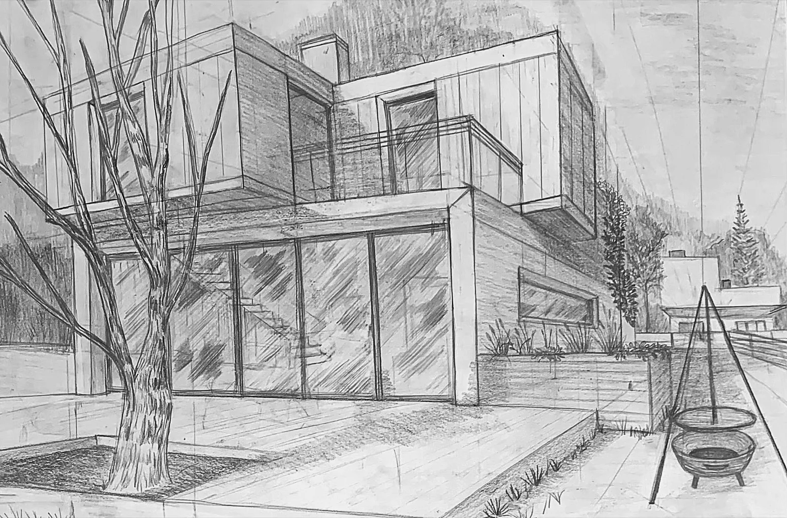 Rysunek architektoniczny domu jednorodzinnego z drzewem - Rysunek i Malarstwo